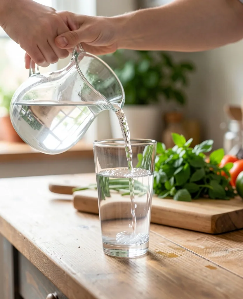 Sklenice vody na kuchyňském stole jako připomínka pravidelné hydratace